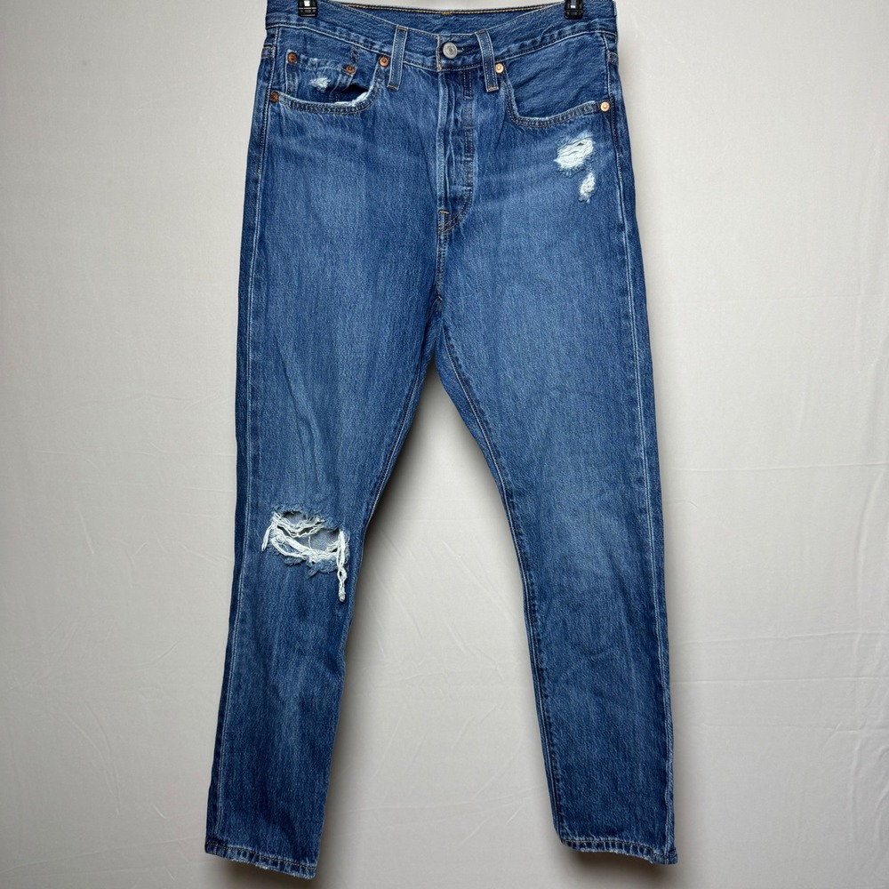 Levis 501s Skinny Distressed Jeans Med Wash Big E W27 L28 Premium Button Fly